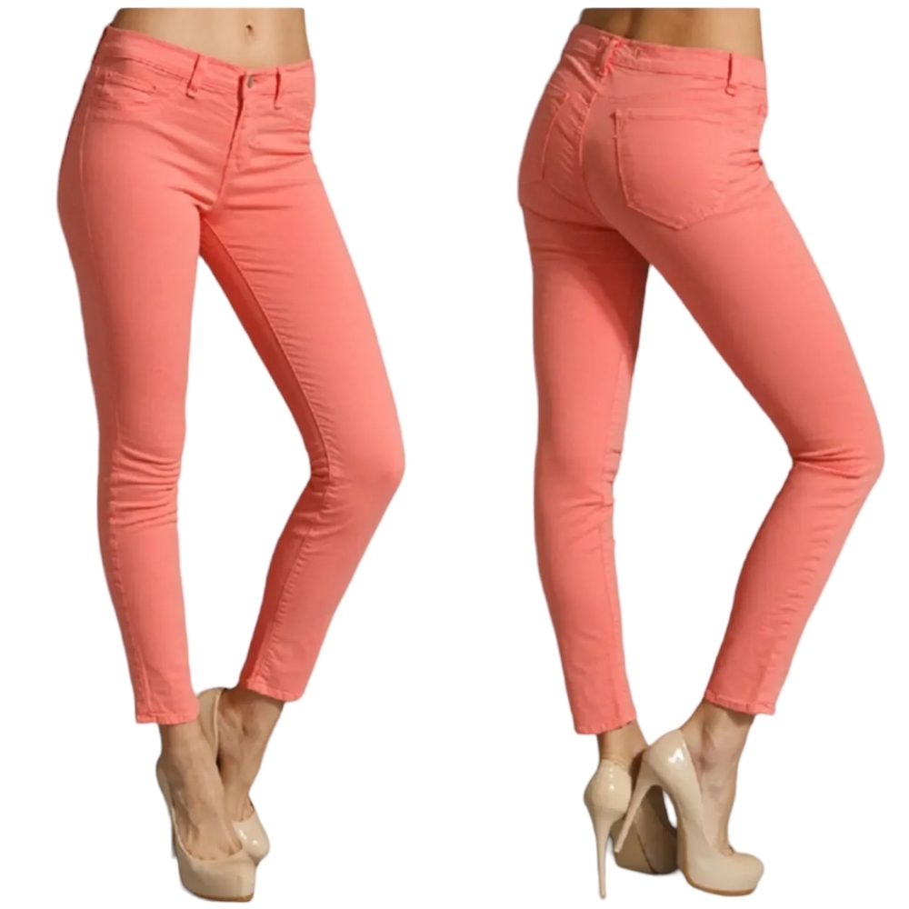 J BRAND Mid-Rise Super Skinny Leg Jeans in Kumquat 26 Coral Pants Twill Legging